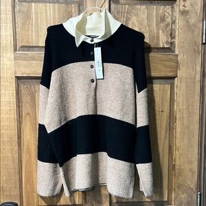 Relaxed Striped Pullover Hoodie Sweatshirt - Black & Beige